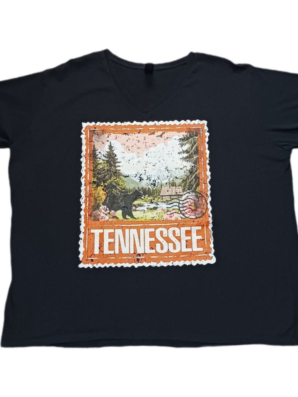 Smoky Mountains Tennessee Womens 3XL Distressed T Shirt Bear Stamp Scene
